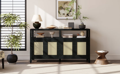 TREXM Bohemian Style Rattan Buffet Storage Cabinet with Solid Wood Frame, Sideboard with 3 - position Adjustable Shelves for Living & Dining Rooms, No - Handle Push - to - Open Design (Black) - 1st Choice Furniture Direct