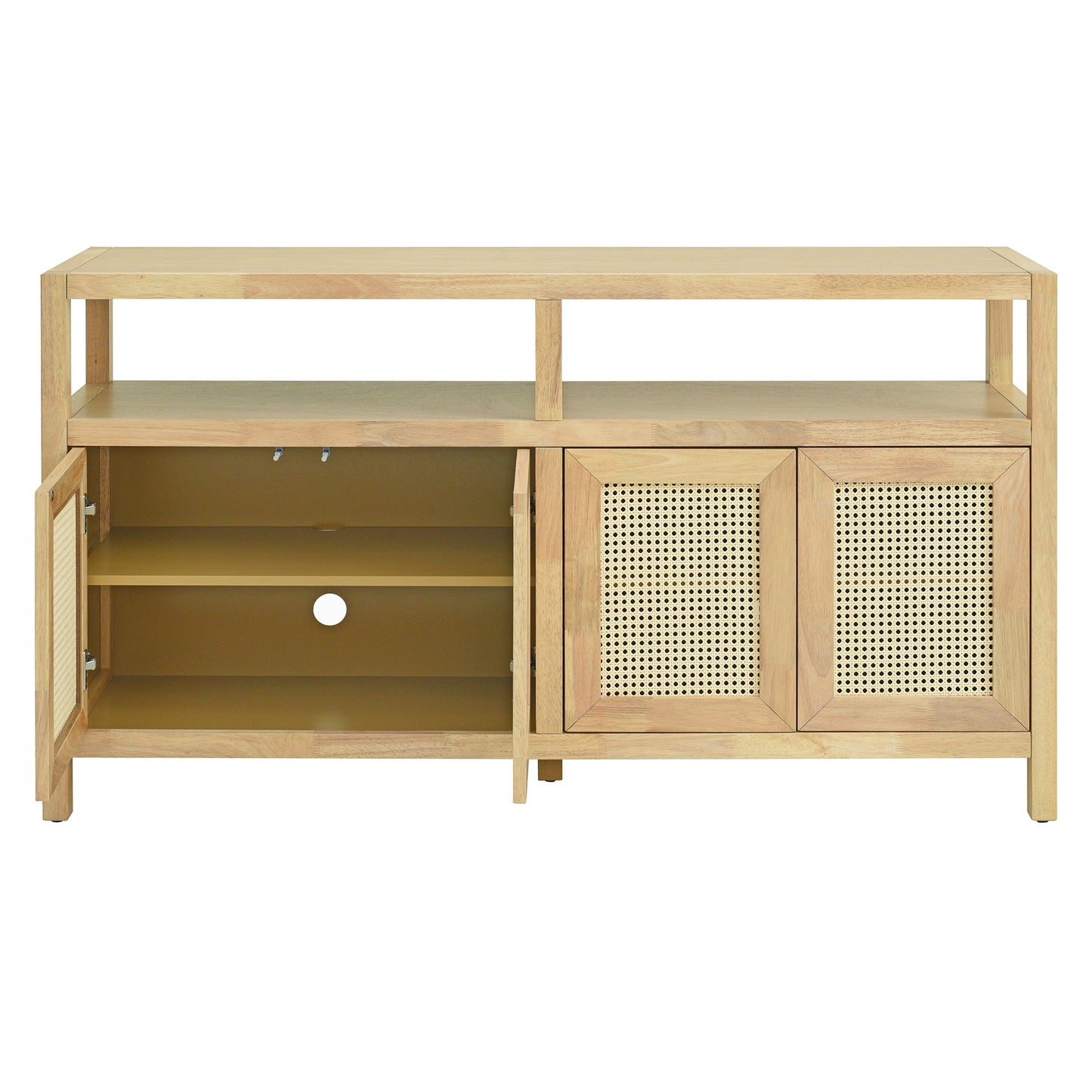 TREXM Bohemian Style Rattan Buffet Storage Cabinet with Solid Wood Frame, Sideboard with 3 - position Adjustable Shelves for Living & Dining Rooms, No - Handle Push - to - Open Design (Natural) - 1st Choice Furniture Direct