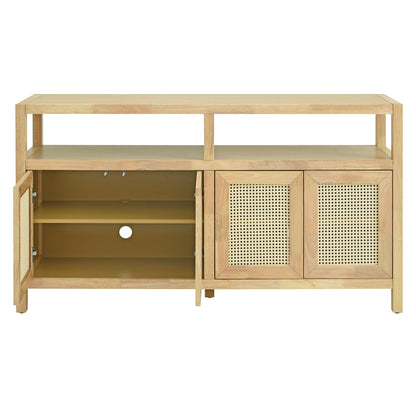 TREXM Bohemian Style Rattan Buffet Storage Cabinet with Solid Wood Frame, Sideboard with 3 - position Adjustable Shelves for Living & Dining Rooms, No - Handle Push - to - Open Design (Natural) - 1st Choice Furniture Direct