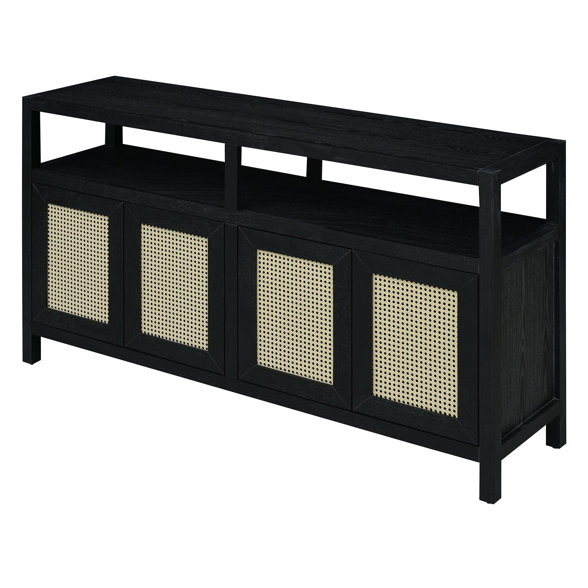 TREXM Bohemian Style Rattan Buffet Storage Cabinet with Solid Wood Frame, Sideboard with 3 - position Adjustable Shelves for Living & Dining Rooms, No - Handle Push - to - Open Design (Black) - 1st Choice Furniture Direct