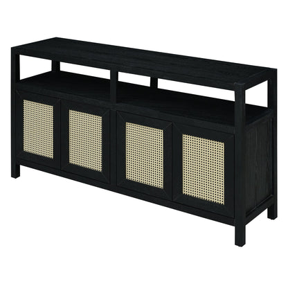 TREXM Bohemian Style Rattan Buffet Storage Cabinet with Solid Wood Frame, Sideboard with 3 - position Adjustable Shelves for Living & Dining Rooms, No - Handle Push - to - Open Design (Black) - 1st Choice Furniture Direct