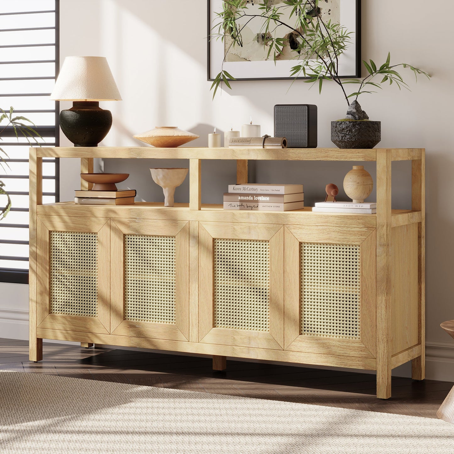 TREXM Bohemian Style Rattan Buffet Storage Cabinet with Solid Wood Frame, Sideboard with 3 - position Adjustable Shelves for Living & Dining Rooms, No - Handle Push - to - Open Design (Natural) - 1st Choice Furniture Direct