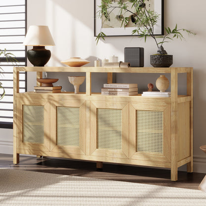 TREXM Bohemian Style Rattan Buffet Storage Cabinet with Solid Wood Frame, Sideboard with 3 - position Adjustable Shelves for Living & Dining Rooms, No - Handle Push - to - Open Design (Natural) - 1st Choice Furniture Direct