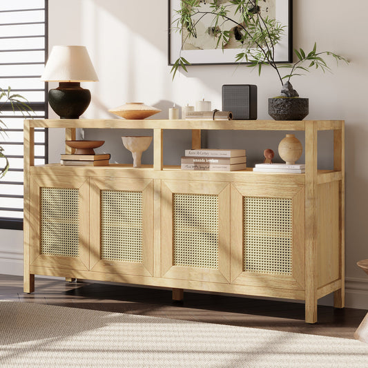 TREXM Bohemian Style Rattan Buffet Storage Cabinet with Solid Wood Frame, Sideboard with 3 - position Adjustable Shelves for Living & Dining Rooms, No - Handle Push - to - Open Design (Natural) - 1st Choice Furniture Direct