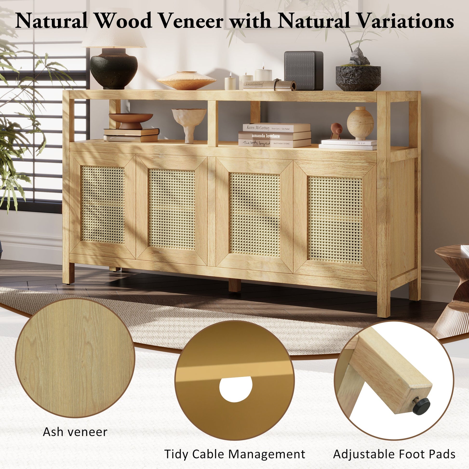 TREXM Bohemian Style Rattan Buffet Storage Cabinet with Solid Wood Frame, Sideboard with 3 - position Adjustable Shelves for Living & Dining Rooms, No - Handle Push - to - Open Design (Natural) - 1st Choice Furniture Direct