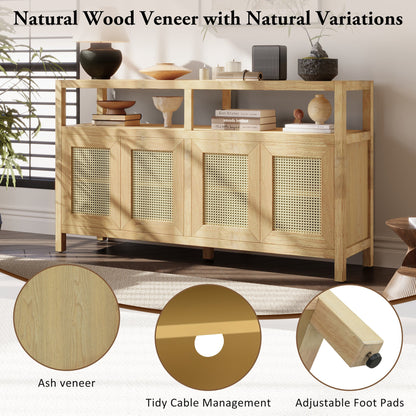 TREXM Bohemian Style Rattan Buffet Storage Cabinet with Solid Wood Frame, Sideboard with 3 - position Adjustable Shelves for Living & Dining Rooms, No - Handle Push - to - Open Design (Natural) - 1st Choice Furniture Direct