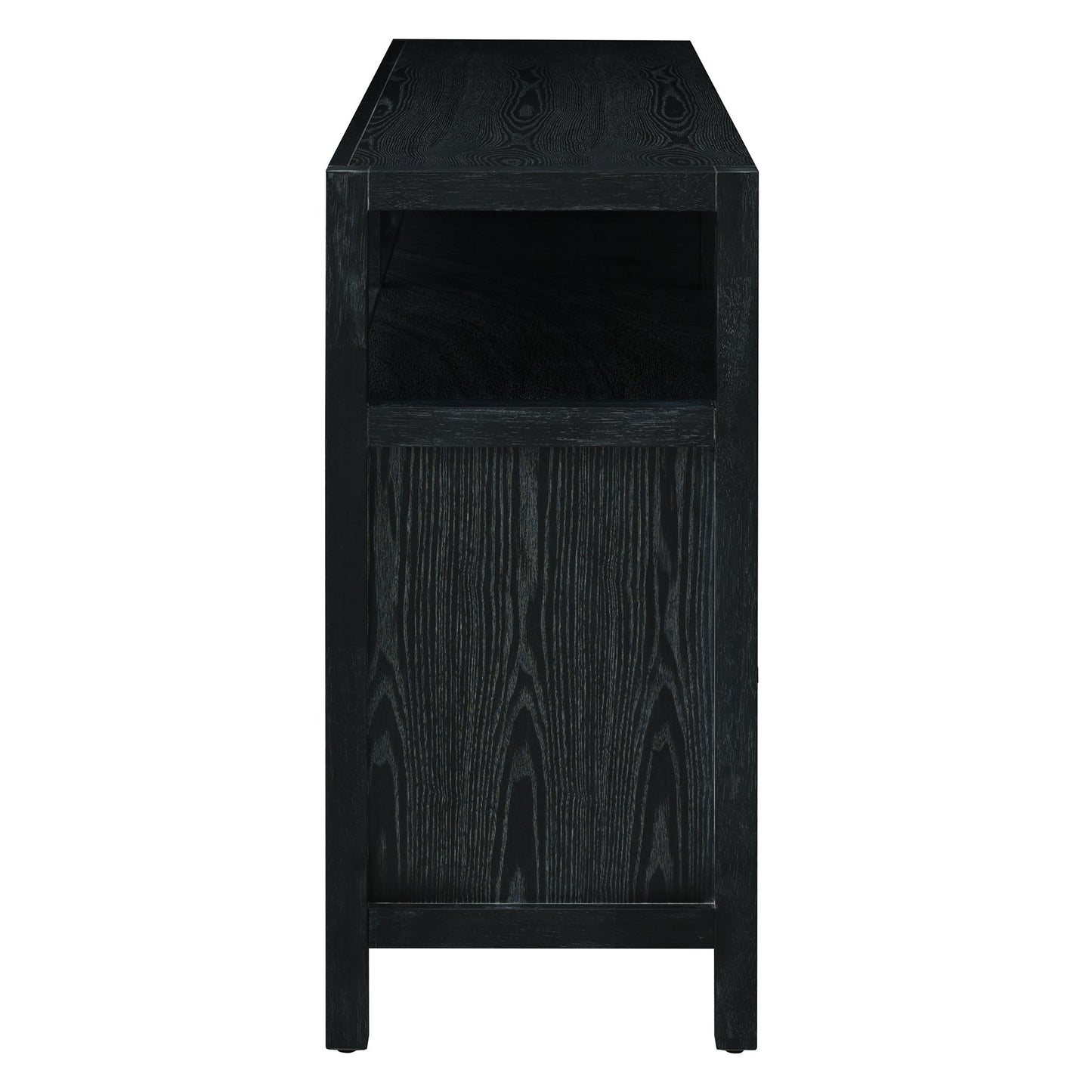 TREXM Bohemian Style Rattan Buffet Storage Cabinet with Solid Wood Frame, Sideboard with 3 - position Adjustable Shelves for Living & Dining Rooms, No - Handle Push - to - Open Design (Black) - 1st Choice Furniture Direct