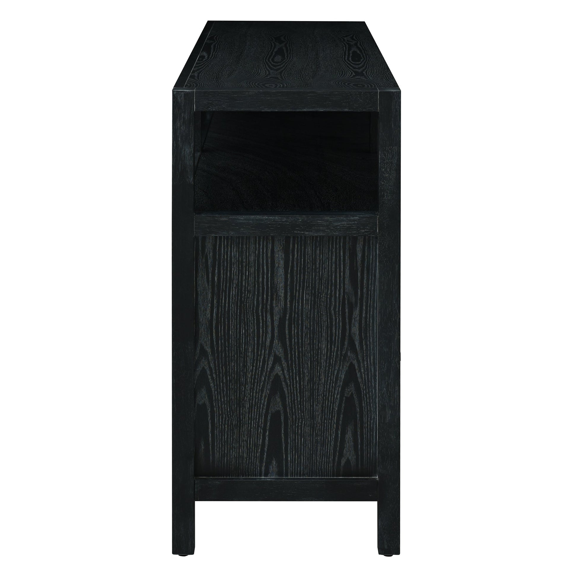 TREXM Bohemian Style Rattan Buffet Storage Cabinet with Solid Wood Frame, Sideboard with 3 - position Adjustable Shelves for Living & Dining Rooms, No - Handle Push - to - Open Design (Black) - 1st Choice Furniture Direct