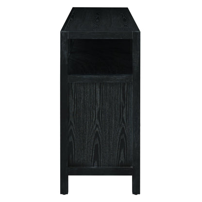 TREXM Bohemian Style Rattan Buffet Storage Cabinet with Solid Wood Frame, Sideboard with 3 - position Adjustable Shelves for Living & Dining Rooms, No - Handle Push - to - Open Design (Black) - 1st Choice Furniture Direct