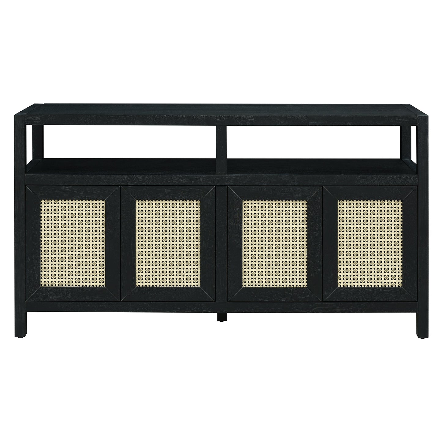 TREXM Bohemian Style Rattan Buffet Storage Cabinet with Solid Wood Frame, Sideboard with 3 - position Adjustable Shelves for Living & Dining Rooms, No - Handle Push - to - Open Design (Black) - 1st Choice Furniture Direct