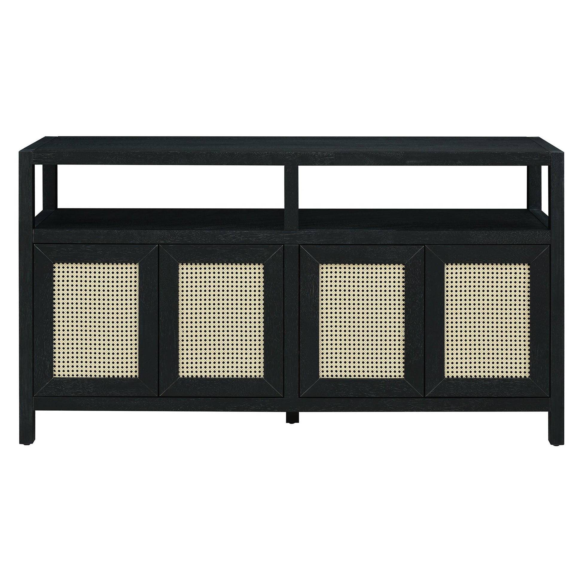 TREXM Bohemian Style Rattan Buffet Storage Cabinet with Solid Wood Frame, Sideboard with 3 - position Adjustable Shelves for Living & Dining Rooms, No - Handle Push - to - Open Design (Black) - 1st Choice Furniture Direct