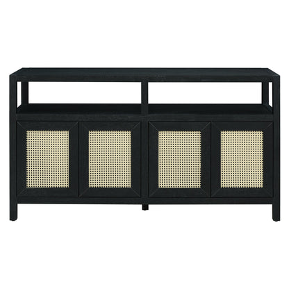 TREXM Bohemian Style Rattan Buffet Storage Cabinet with Solid Wood Frame, Sideboard with 3 - position Adjustable Shelves for Living & Dining Rooms, No - Handle Push - to - Open Design (Black) - 1st Choice Furniture Direct