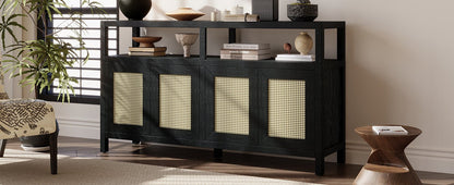 TREXM Bohemian Style Rattan Buffet Storage Cabinet with Solid Wood Frame, Sideboard with 3 - position Adjustable Shelves for Living & Dining Rooms, No - Handle Push - to - Open Design (Black) - 1st Choice Furniture Direct