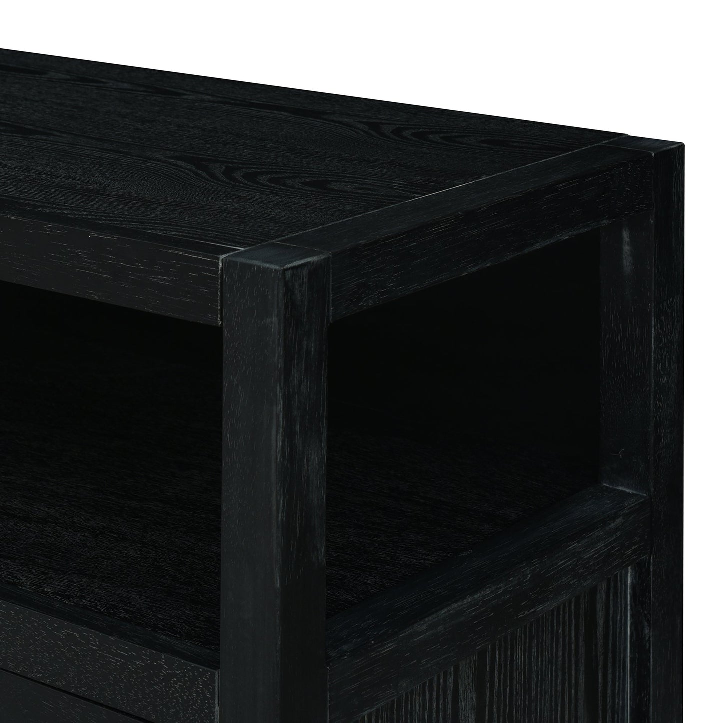TREXM Bohemian Style Rattan Buffet Storage Cabinet with Solid Wood Frame, Sideboard with 3 - position Adjustable Shelves for Living & Dining Rooms, No - Handle Push - to - Open Design (Black) - 1st Choice Furniture Direct