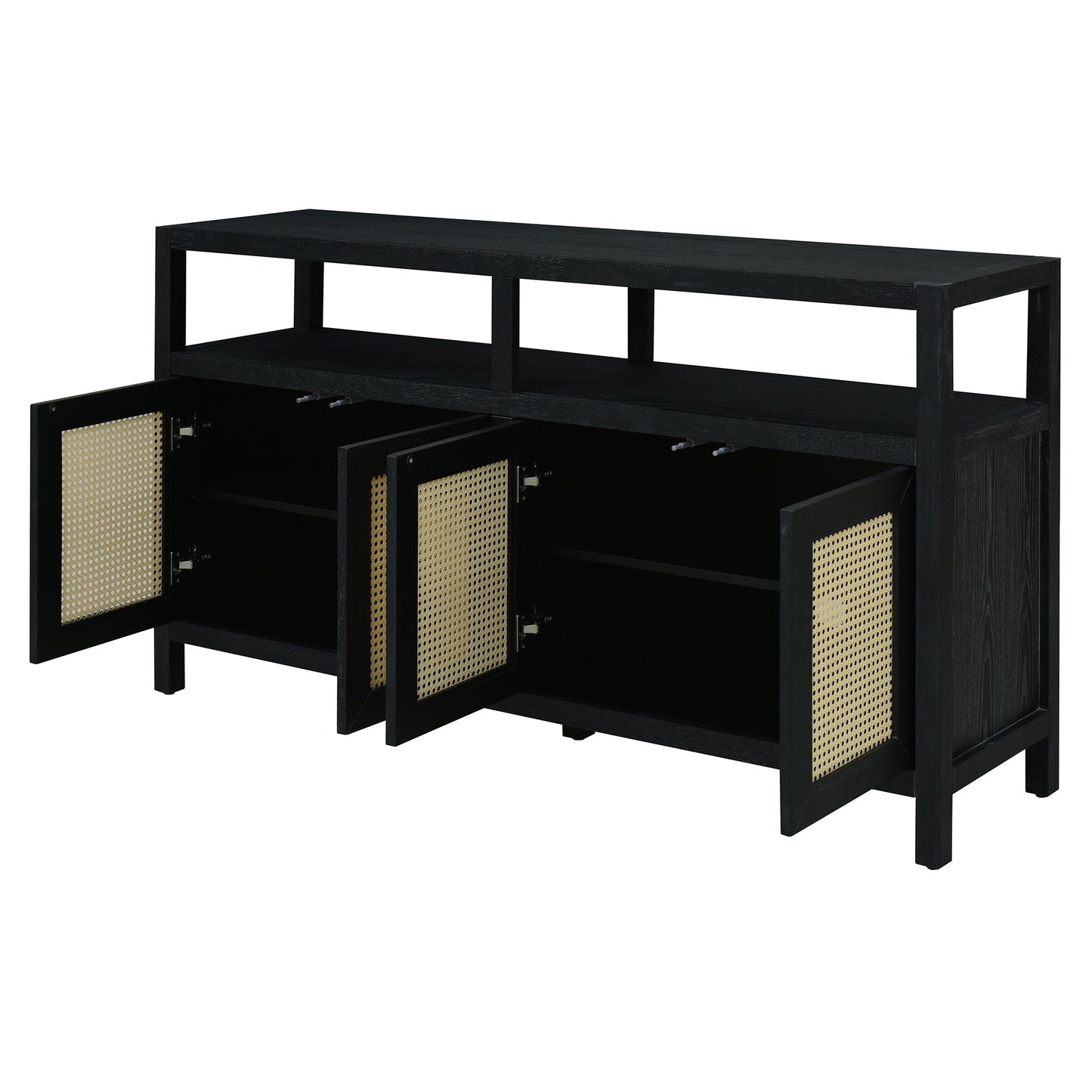 TREXM Bohemian Style Rattan Buffet Storage Cabinet with Solid Wood Frame, Sideboard with 3 - position Adjustable Shelves for Living & Dining Rooms, No - Handle Push - to - Open Design (Black) - 1st Choice Furniture Direct
