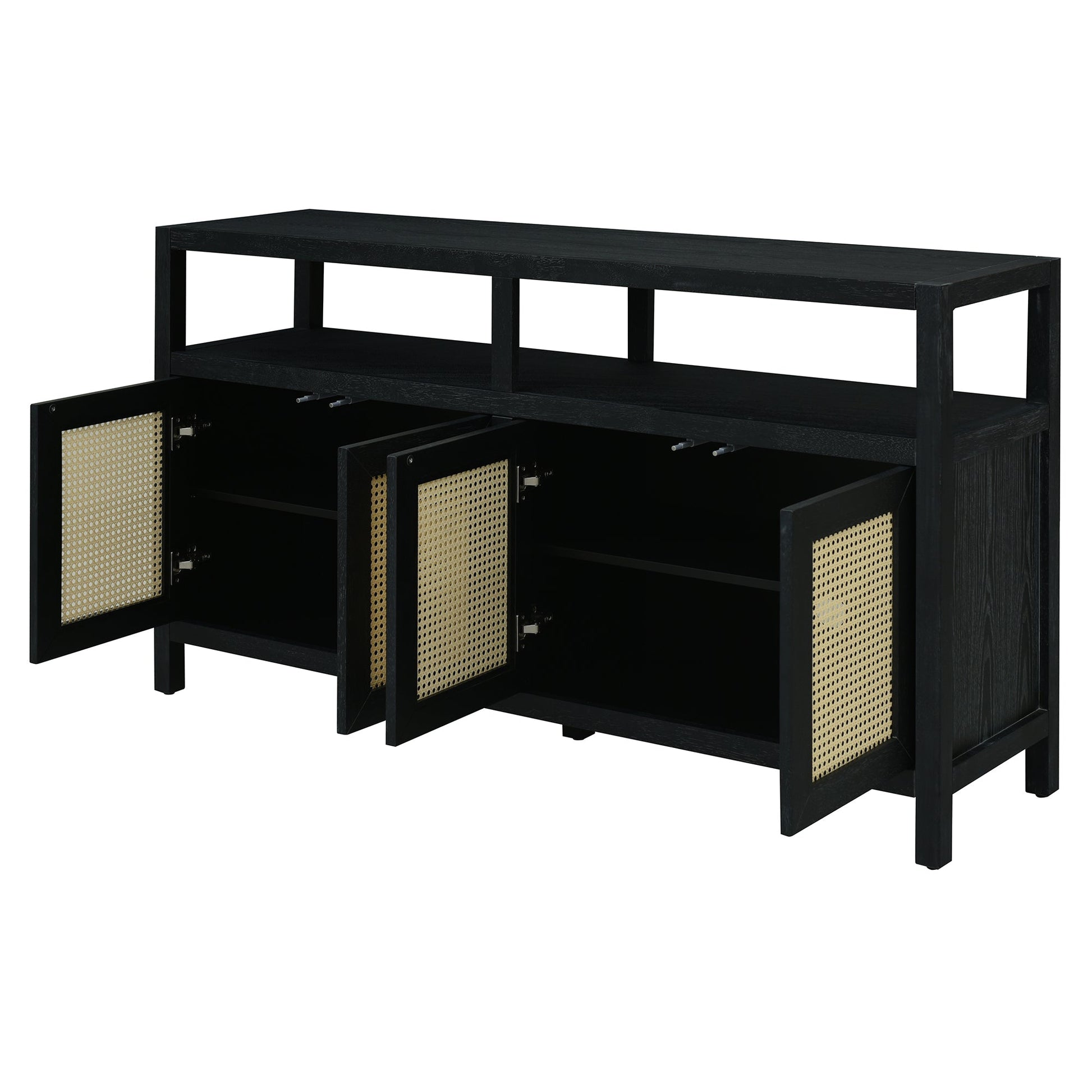TREXM Bohemian Style Rattan Buffet Storage Cabinet with Solid Wood Frame, Sideboard with 3 - position Adjustable Shelves for Living & Dining Rooms, No - Handle Push - to - Open Design (Black) - 1st Choice Furniture Direct