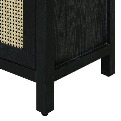 TREXM Bohemian Style Rattan Buffet Storage Cabinet with Solid Wood Frame, Sideboard with 3 - position Adjustable Shelves for Living & Dining Rooms, No - Handle Push - to - Open Design (Black) - 1st Choice Furniture Direct