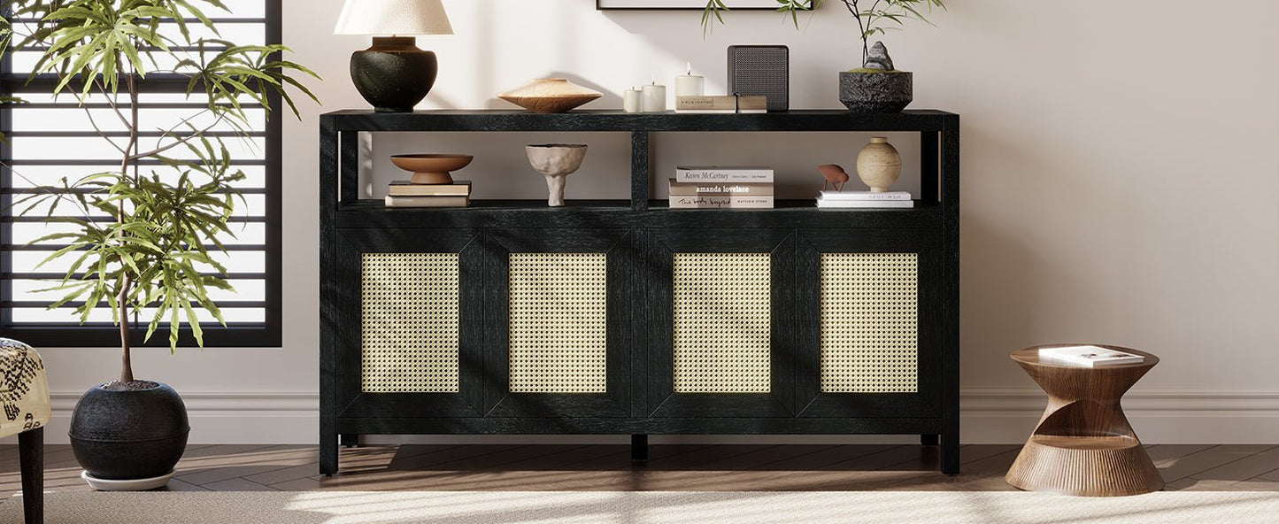 TREXM Bohemian Style Rattan Buffet Storage Cabinet with Solid Wood Frame, Sideboard with 3 - position Adjustable Shelves for Living & Dining Rooms, No - Handle Push - to - Open Design (Black) - 1st Choice Furniture Direct