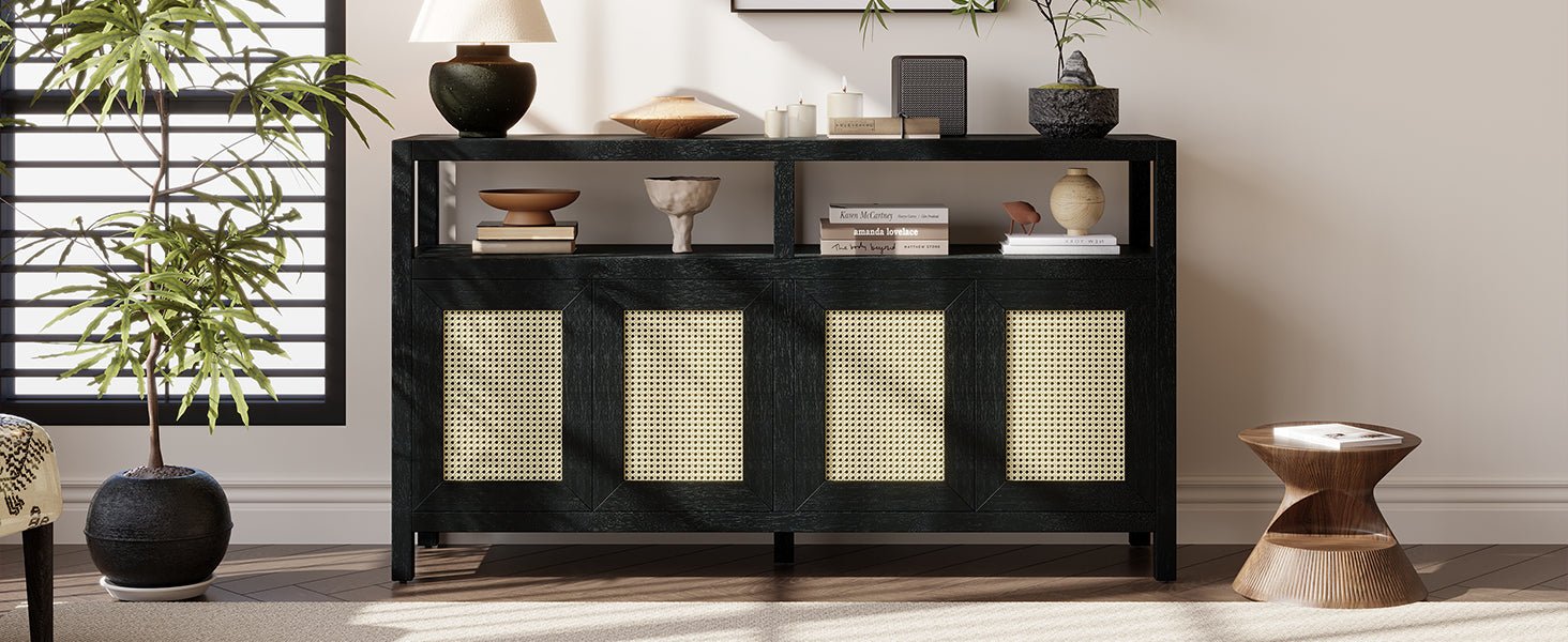 TREXM Bohemian Style Rattan Buffet Storage Cabinet with Solid Wood Frame, Sideboard with 3 - position Adjustable Shelves for Living & Dining Rooms, No - Handle Push - to - Open Design (Black) - 1st Choice Furniture Direct