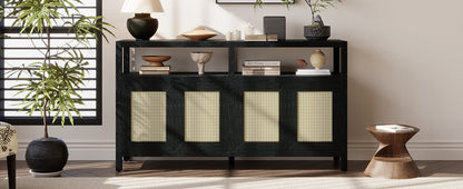 TREXM Bohemian Style Rattan Buffet Storage Cabinet with Solid Wood Frame, Sideboard with 3 - position Adjustable Shelves for Living & Dining Rooms, No - Handle Push - to - Open Design (Black) - 1st Choice Furniture Direct