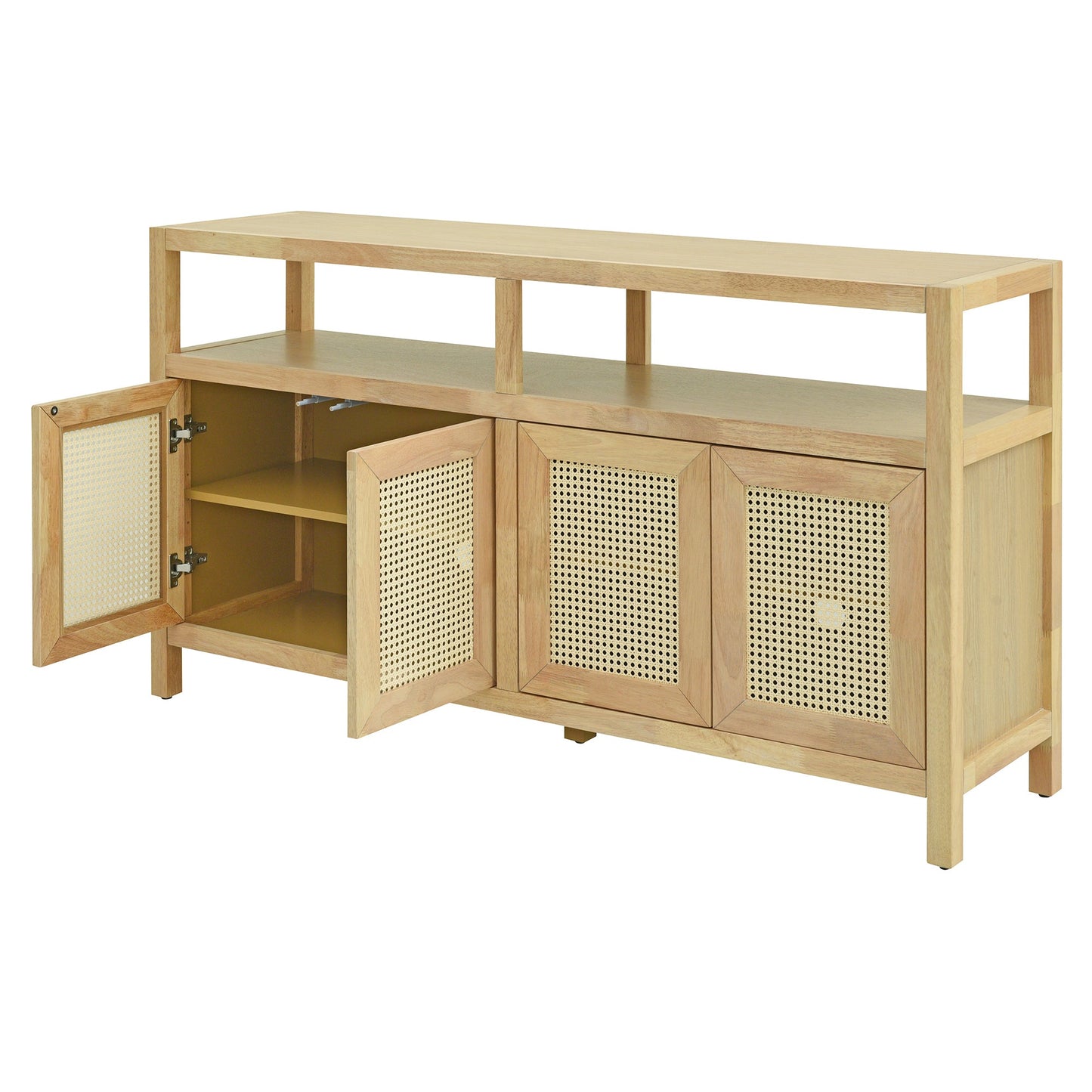 TREXM Bohemian Style Rattan Buffet Storage Cabinet with Solid Wood Frame, Sideboard with 3 - position Adjustable Shelves for Living & Dining Rooms, No - Handle Push - to - Open Design (Natural) - 1st Choice Furniture Direct