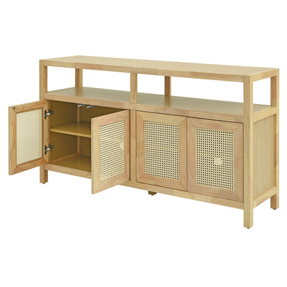 TREXM Bohemian Style Rattan Buffet Storage Cabinet with Solid Wood Frame, Sideboard with 3 - position Adjustable Shelves for Living & Dining Rooms, No - Handle Push - to - Open Design (Natural) - 1st Choice Furniture Direct