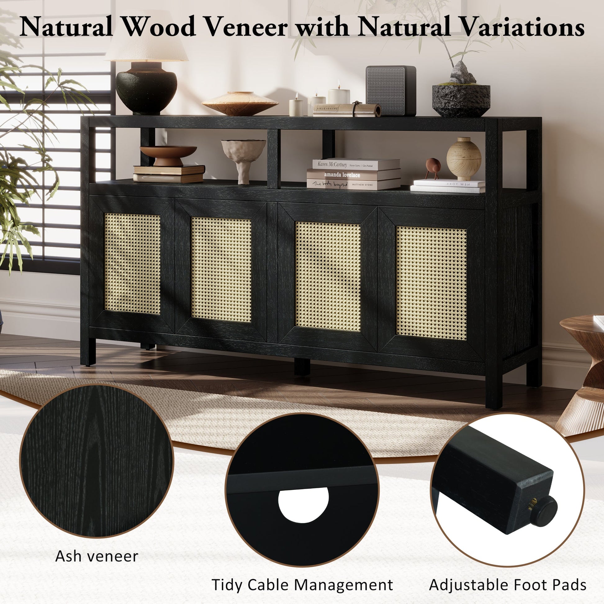 TREXM Bohemian Style Rattan Buffet Storage Cabinet with Solid Wood Frame, Sideboard with 3 - position Adjustable Shelves for Living & Dining Rooms, No - Handle Push - to - Open Design (Black) - 1st Choice Furniture Direct