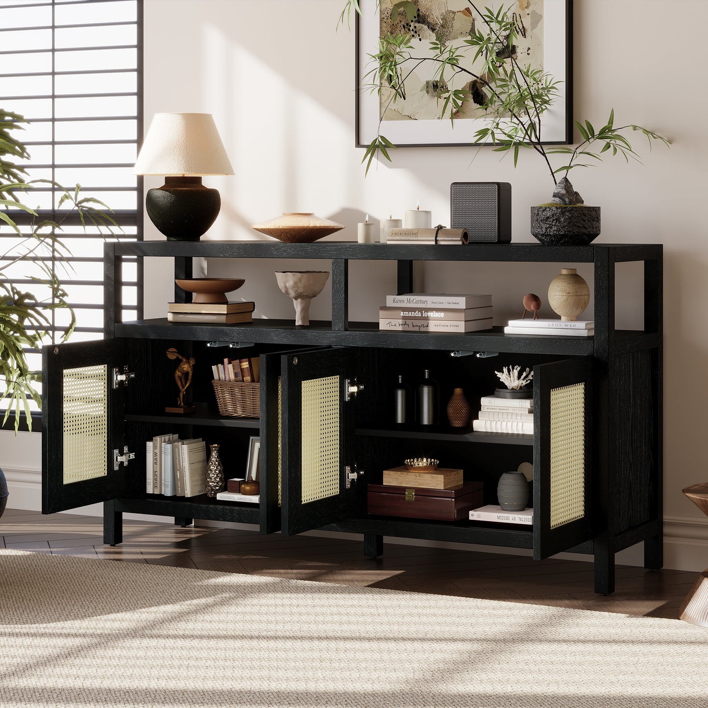 TREXM Bohemian Style Rattan Buffet Storage Cabinet with Solid Wood Frame, Sideboard with 3 - position Adjustable Shelves for Living & Dining Rooms, No - Handle Push - to - Open Design (Black) - 1st Choice Furniture Direct
