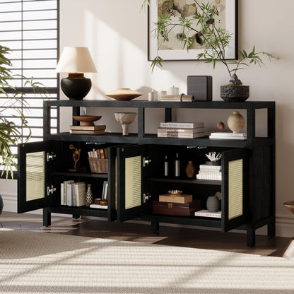 TREXM Bohemian Style Rattan Buffet Storage Cabinet with Solid Wood Frame, Sideboard with 3 - position Adjustable Shelves for Living & Dining Rooms, No - Handle Push - to - Open Design (Black) - 1st Choice Furniture Direct