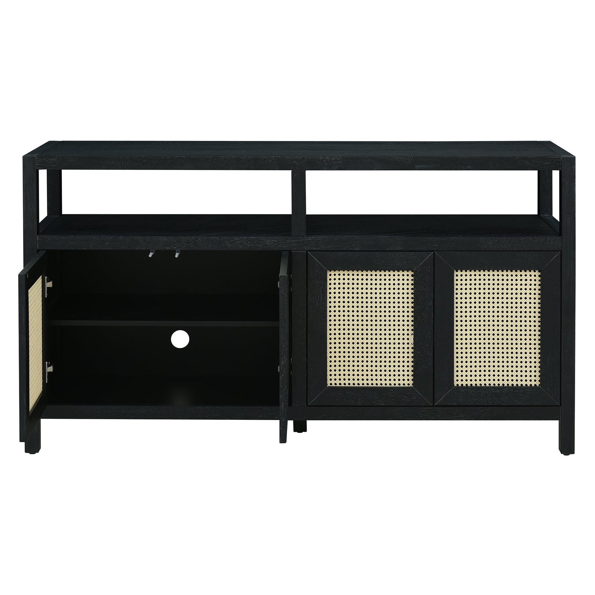 TREXM Bohemian Style Rattan Buffet Storage Cabinet with Solid Wood Frame, Sideboard with 3 - position Adjustable Shelves for Living & Dining Rooms, No - Handle Push - to - Open Design (Black) - 1st Choice Furniture Direct