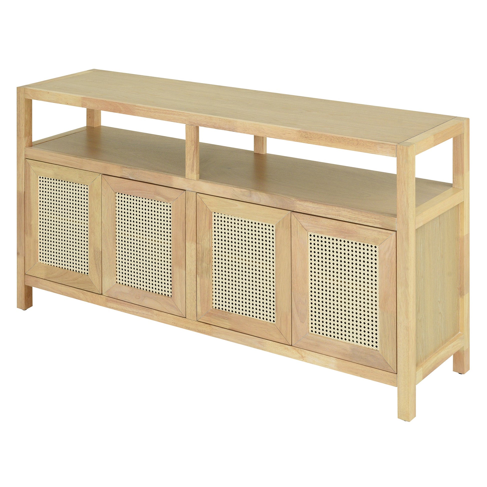 TREXM Bohemian Style Rattan Buffet Storage Cabinet with Solid Wood Frame, Sideboard with 3 - position Adjustable Shelves for Living & Dining Rooms, No - Handle Push - to - Open Design (Natural) - 1st Choice Furniture Direct