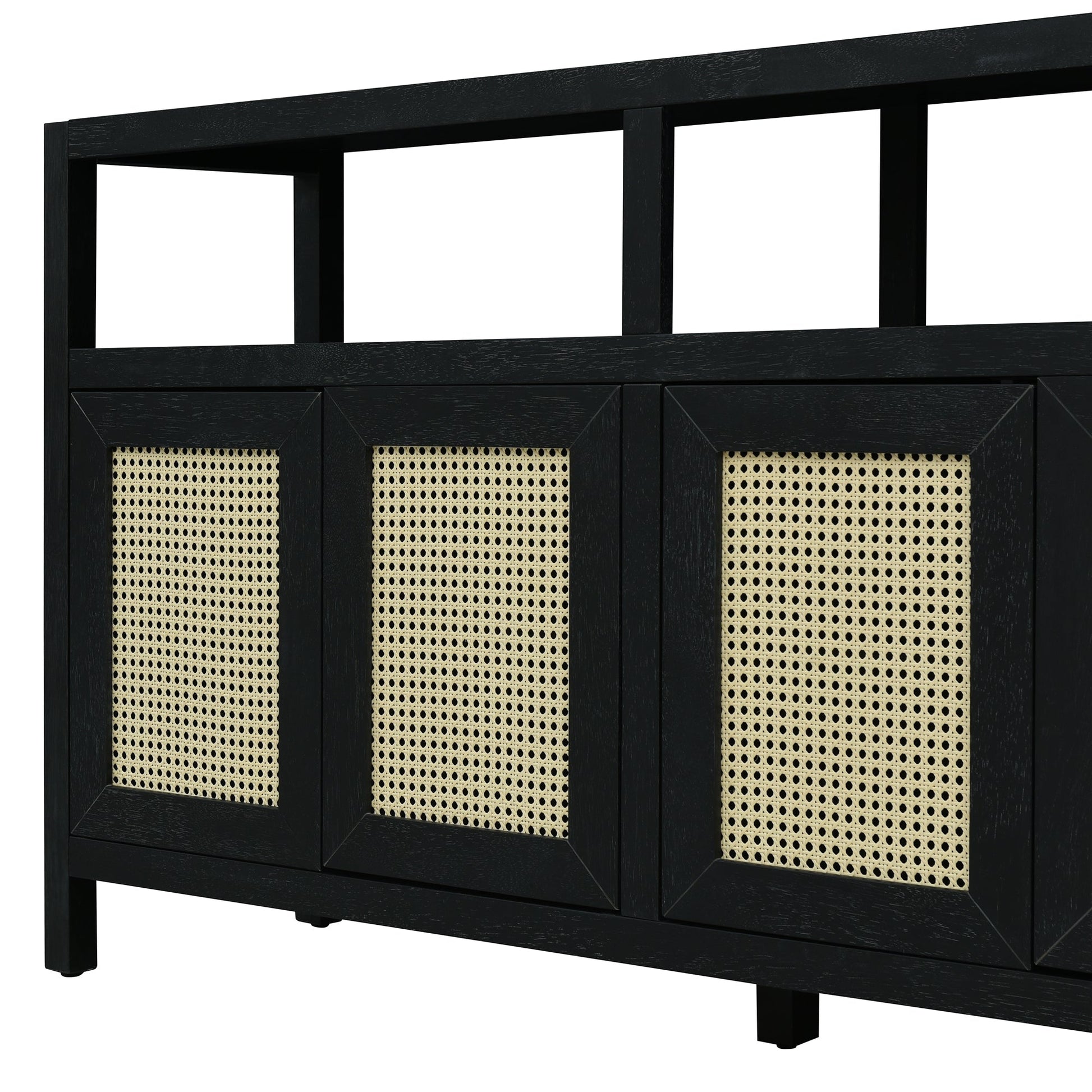 TREXM Bohemian Style Rattan Buffet Storage Cabinet with Solid Wood Frame, Sideboard with 3 - position Adjustable Shelves for Living & Dining Rooms, No - Handle Push - to - Open Design (Black) - 1st Choice Furniture Direct