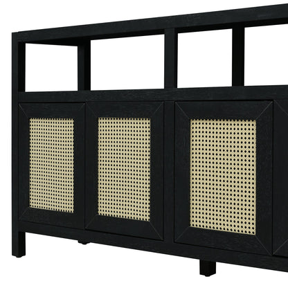 TREXM Bohemian Style Rattan Buffet Storage Cabinet with Solid Wood Frame, Sideboard with 3 - position Adjustable Shelves for Living & Dining Rooms, No - Handle Push - to - Open Design (Black) - 1st Choice Furniture Direct