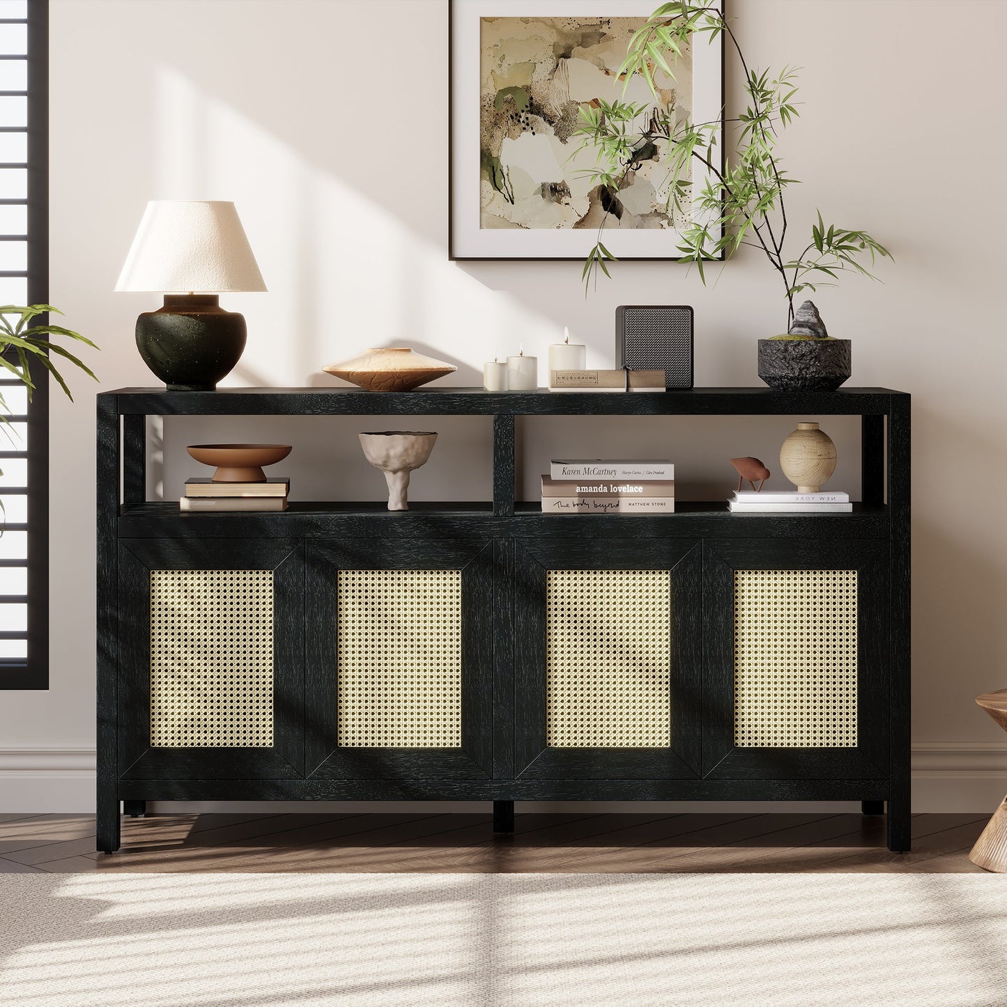 TREXM Bohemian Style Rattan Buffet Storage Cabinet with Solid Wood Frame, Sideboard with 3 - position Adjustable Shelves for Living & Dining Rooms, No - Handle Push - to - Open Design (Black) - 1st Choice Furniture Direct