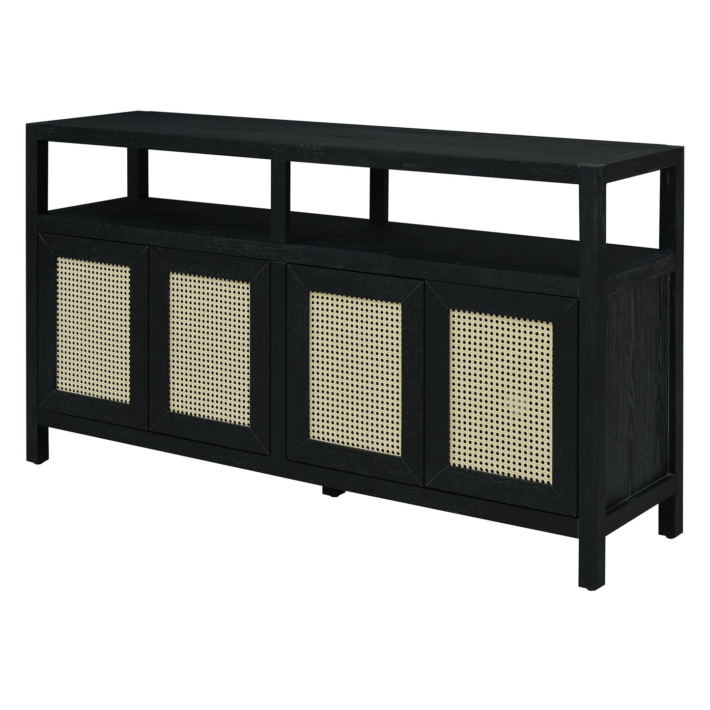 TREXM Bohemian Style Rattan Buffet Storage Cabinet with Solid Wood Frame, Sideboard with 3 - position Adjustable Shelves for Living & Dining Rooms, No - Handle Push - to - Open Design (Black) - 1st Choice Furniture Direct