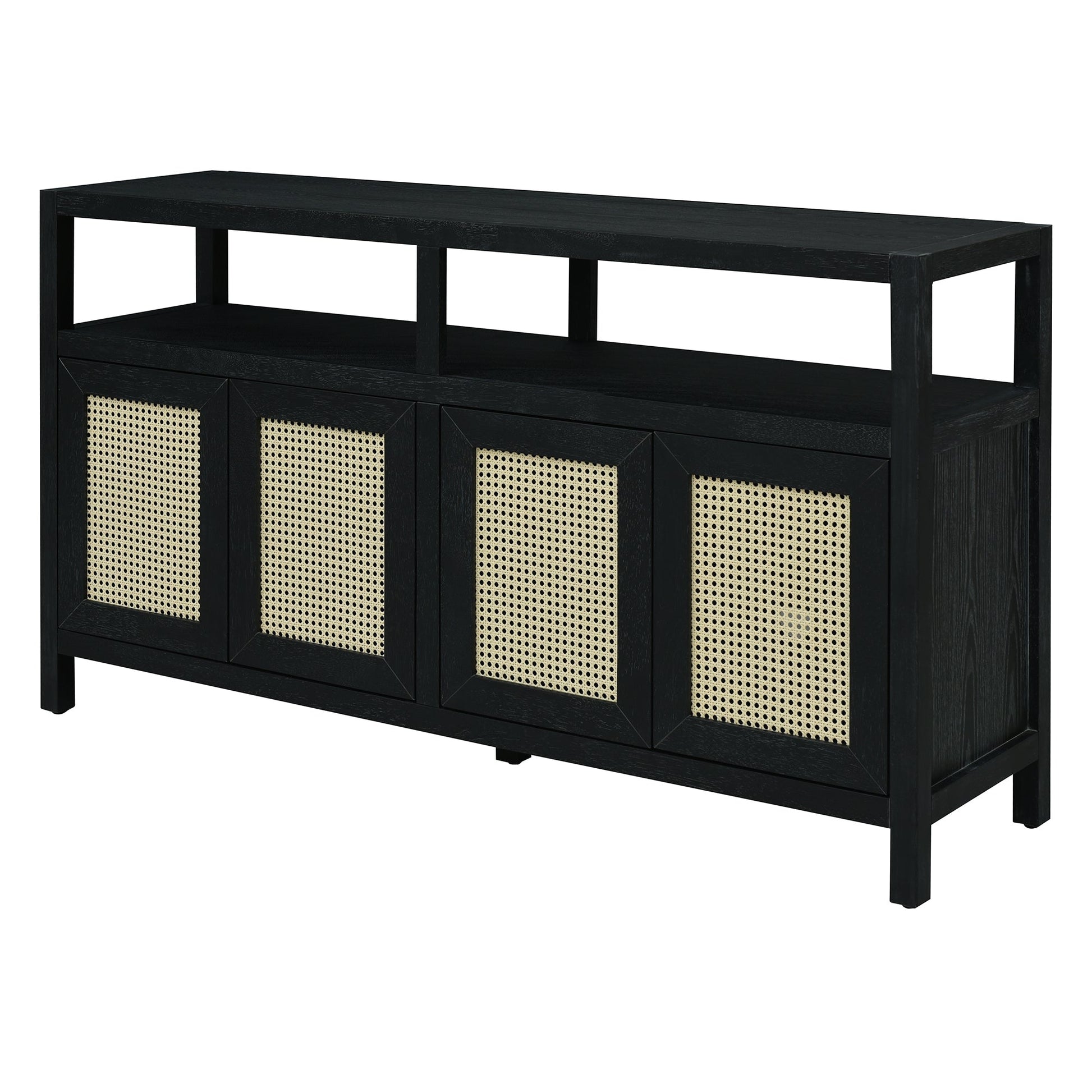 TREXM Bohemian Style Rattan Buffet Storage Cabinet with Solid Wood Frame, Sideboard with 3 - position Adjustable Shelves for Living & Dining Rooms, No - Handle Push - to - Open Design (Black) - 1st Choice Furniture Direct