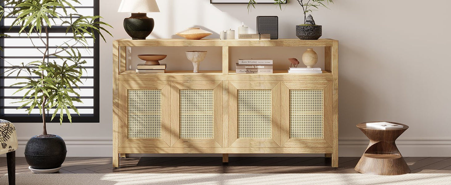 TREXM Bohemian Style Rattan Buffet Storage Cabinet with Solid Wood Frame, Sideboard with 3 - position Adjustable Shelves for Living & Dining Rooms, No - Handle Push - to - Open Design (Natural) - 1st Choice Furniture Direct