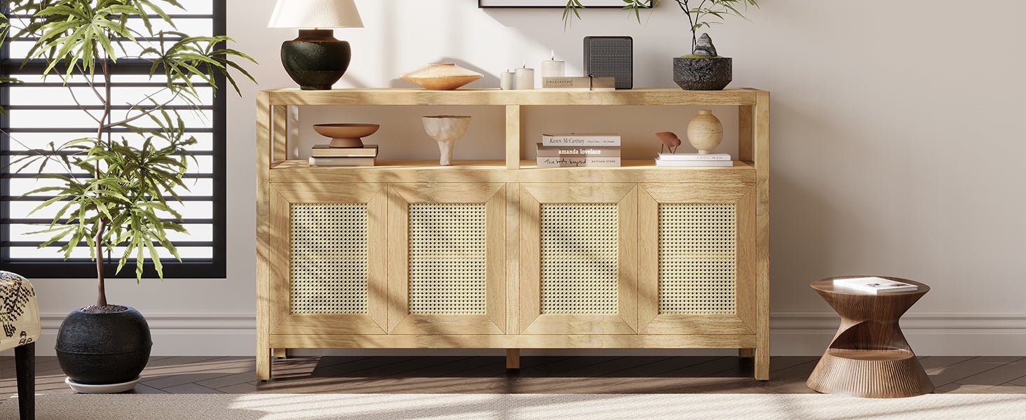 TREXM Bohemian Style Rattan Buffet Storage Cabinet with Solid Wood Frame, Sideboard with 3 - position Adjustable Shelves for Living & Dining Rooms, No - Handle Push - to - Open Design (Natural) - 1st Choice Furniture Direct
