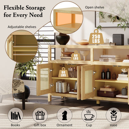 TREXM Bohemian Style Rattan Buffet Storage Cabinet with Solid Wood Frame, Sideboard with 3 - position Adjustable Shelves for Living & Dining Rooms, No - Handle Push - to - Open Design (Natural) - 1st Choice Furniture Direct