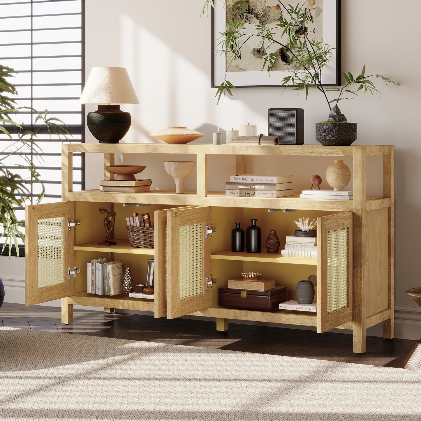 TREXM Bohemian Style Rattan Buffet Storage Cabinet with Solid Wood Frame, Sideboard with 3 - position Adjustable Shelves for Living & Dining Rooms, No - Handle Push - to - Open Design (Natural) - 1st Choice Furniture Direct