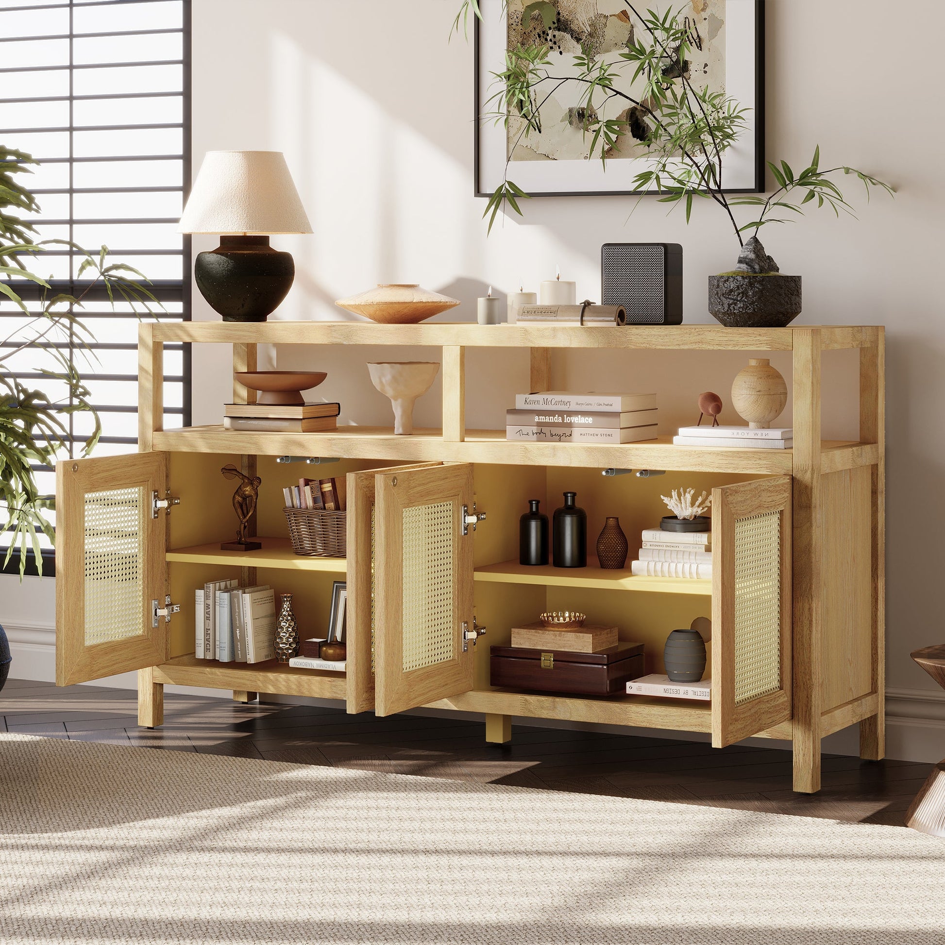 TREXM Bohemian Style Rattan Buffet Storage Cabinet with Solid Wood Frame, Sideboard with 3 - position Adjustable Shelves for Living & Dining Rooms, No - Handle Push - to - Open Design (Natural) - 1st Choice Furniture Direct