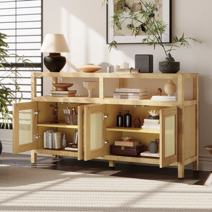 TREXM Bohemian Style Rattan Buffet Storage Cabinet with Solid Wood Frame, Sideboard with 3 - position Adjustable Shelves for Living & Dining Rooms, No - Handle Push - to - Open Design (Natural) - 1st Choice Furniture Direct