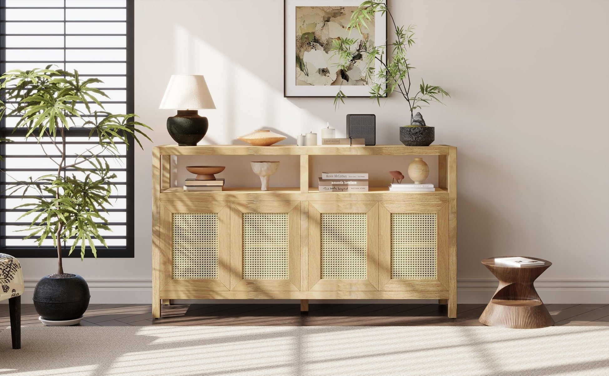 TREXM Bohemian Style Rattan Buffet Storage Cabinet with Solid Wood Frame, Sideboard with 3 - position Adjustable Shelves for Living & Dining Rooms, No - Handle Push - to - Open Design (Natural) - 1st Choice Furniture Direct