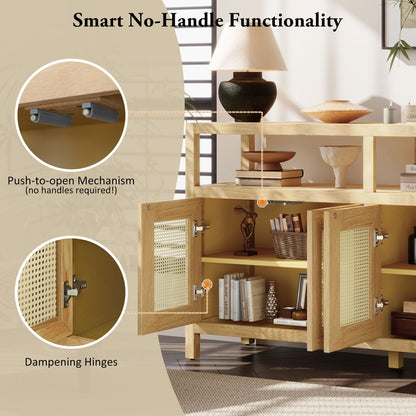 TREXM Bohemian Style Rattan Buffet Storage Cabinet with Solid Wood Frame, Sideboard with 3 - position Adjustable Shelves for Living & Dining Rooms, No - Handle Push - to - Open Design (Natural) - 1st Choice Furniture Direct