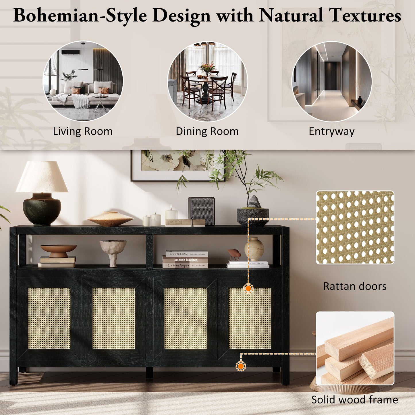 TREXM Bohemian Style Rattan Buffet Storage Cabinet with Solid Wood Frame, Sideboard with 3 - position Adjustable Shelves for Living & Dining Rooms, No - Handle Push - to - Open Design (Black) - 1st Choice Furniture Direct