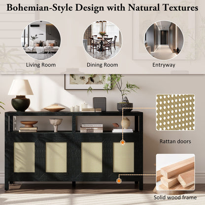 TREXM Bohemian Style Rattan Buffet Storage Cabinet with Solid Wood Frame, Sideboard with 3 - position Adjustable Shelves for Living & Dining Rooms, No - Handle Push - to - Open Design (Black) - 1st Choice Furniture Direct