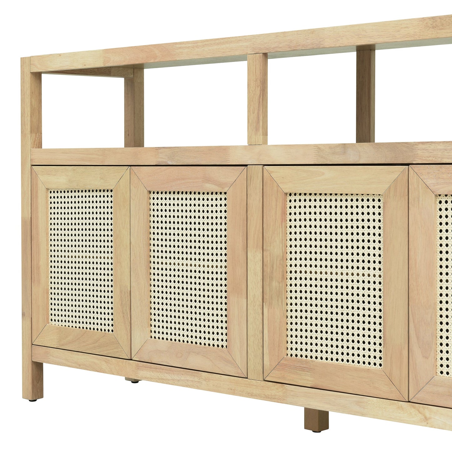 TREXM Bohemian Style Rattan Buffet Storage Cabinet with Solid Wood Frame, Sideboard with 3 - position Adjustable Shelves for Living & Dining Rooms, No - Handle Push - to - Open Design (Natural) - 1st Choice Furniture Direct