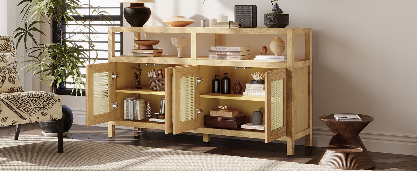 TREXM Bohemian Style Rattan Buffet Storage Cabinet with Solid Wood Frame, Sideboard with 3 - position Adjustable Shelves for Living & Dining Rooms, No - Handle Push - to - Open Design (Natural) - 1st Choice Furniture Direct