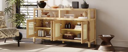 TREXM Bohemian Style Rattan Buffet Storage Cabinet with Solid Wood Frame, Sideboard with 3 - position Adjustable Shelves for Living & Dining Rooms, No - Handle Push - to - Open Design (Natural) - 1st Choice Furniture Direct