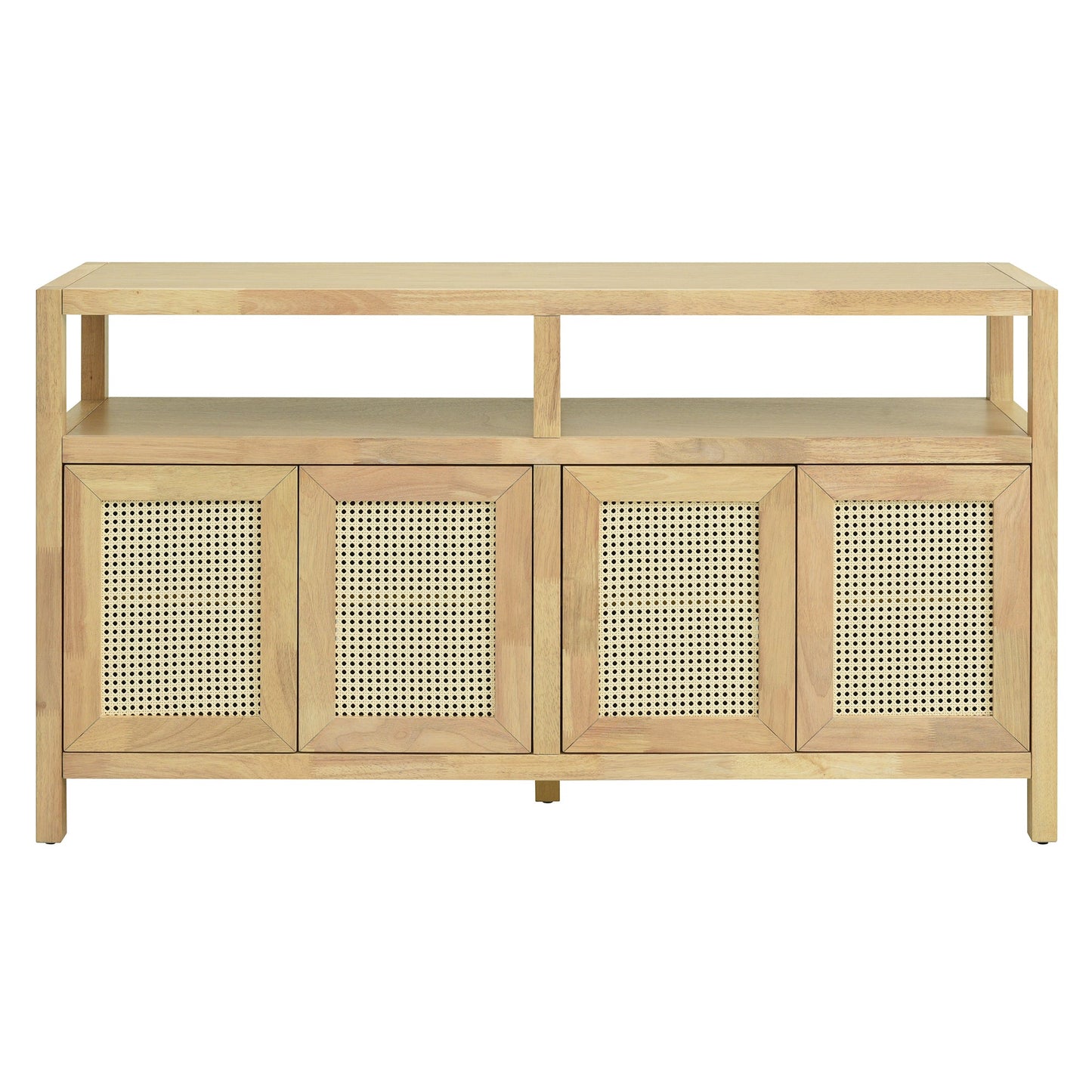 TREXM Bohemian Style Rattan Buffet Storage Cabinet with Solid Wood Frame, Sideboard with 3 - position Adjustable Shelves for Living & Dining Rooms, No - Handle Push - to - Open Design (Natural) - 1st Choice Furniture Direct